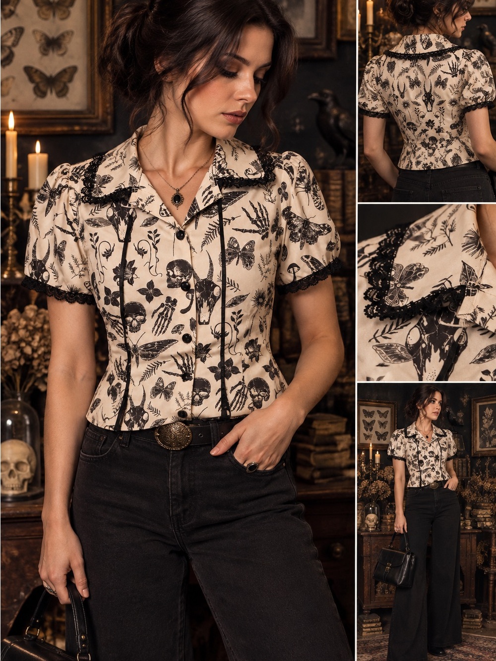 Goth Blouse L Skull Moth Skeleton Botanical Lace Collar Whimsigoth Dark Academia